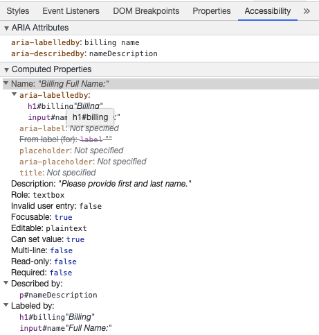 Chrome ডেভেলপার টুলস aria-labelledby থেকে ইনপুট অ্যাক্সেসযোগ্য নাম এবং aria-describedby-এর সাথে বর্ণনা দেখাচ্ছে